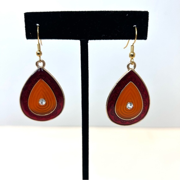 Vintage Dangle Tear Drops Earrings Red Orange With Crystal - Picture 4 of 6